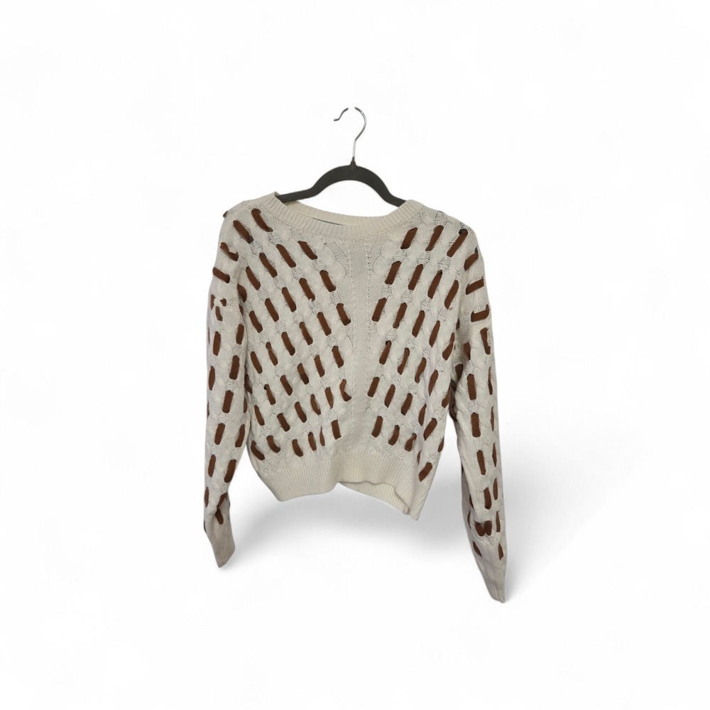 Blue B Collection Cream Brown Cable Knit Sweater Small Cropped Pullover Crewneck